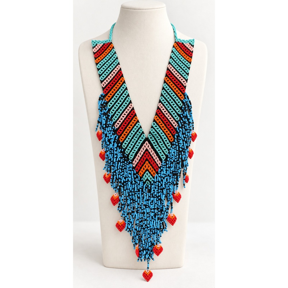 Long Multicolor Seed Bead Fringe Necklace Geometric Chevron Boho Strawberry